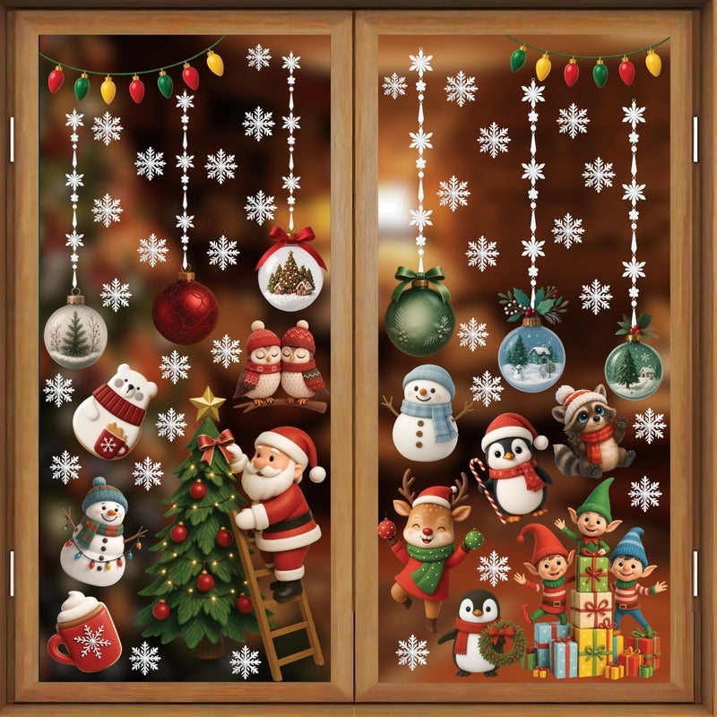 WALPLUS Christmas Window Clings Decorations Double-Sided Reusable Peel and Stick Removable for Glass Living Room Nursery Room Home Office Little Lodge 102 Pieces - Image 1